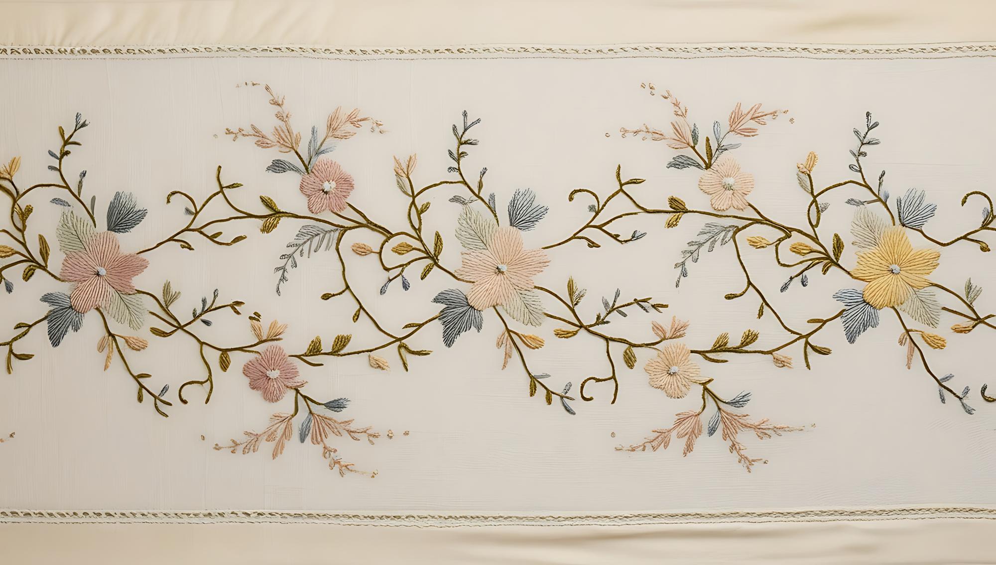 Table linen with embroidered botanical border